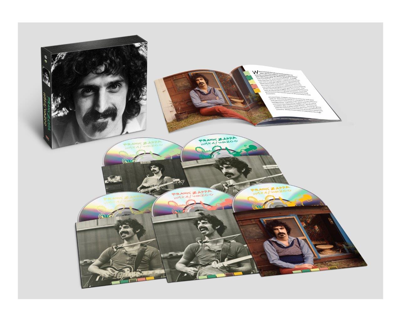 "CD box set with Frank Zappa's image, discs, and booklet featuring musician photos."