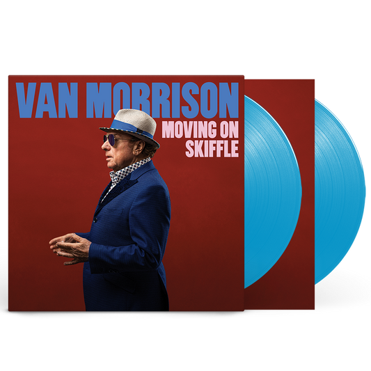 Van Morrison vinyl album cover with blue vinyl records and red background.