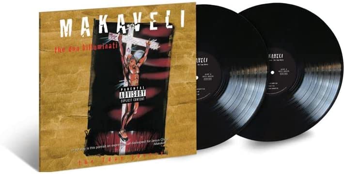 Vinyl record album cover with crucified man image, two black vinyl records beside it.