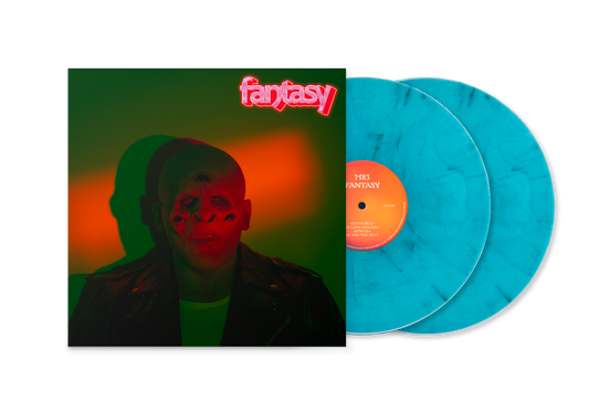 "Vinyl record album cover with blue marbled discs and a man under neon lights."