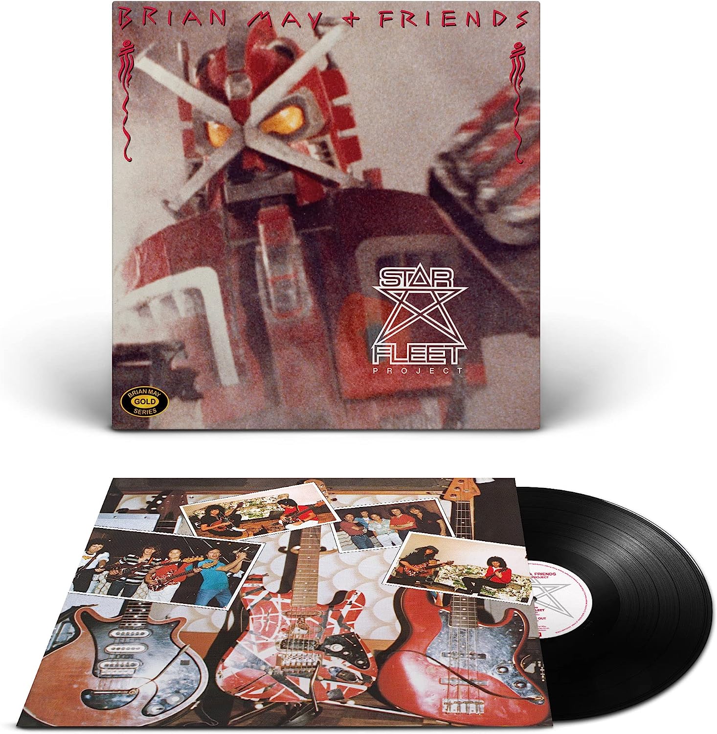 "Vinyl record and cover art for Brian May's Star Fleet Project, featuring robotic and guitar imagery."