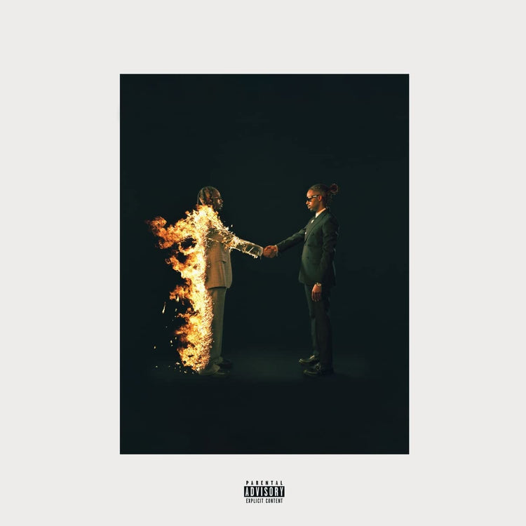 "Album cover with two men shaking hands, one engulfed in flames, against a dark background."