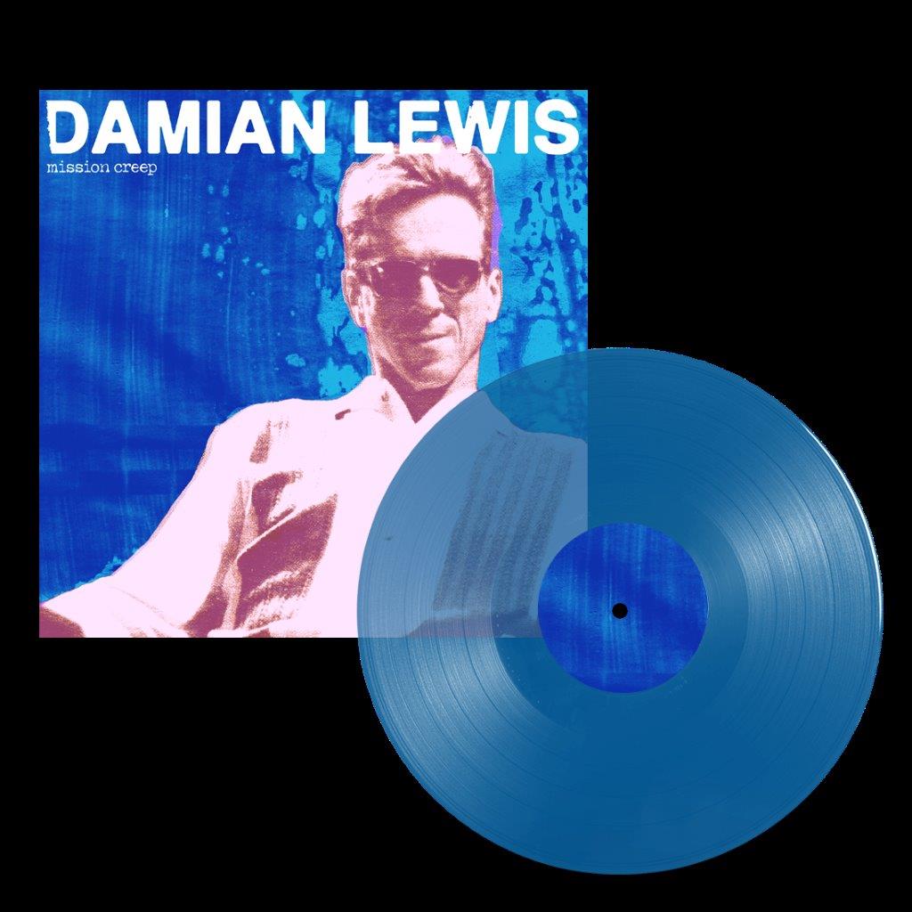 "Blue vinyl record with album cover featuring Damian Lewis on a blue background."
