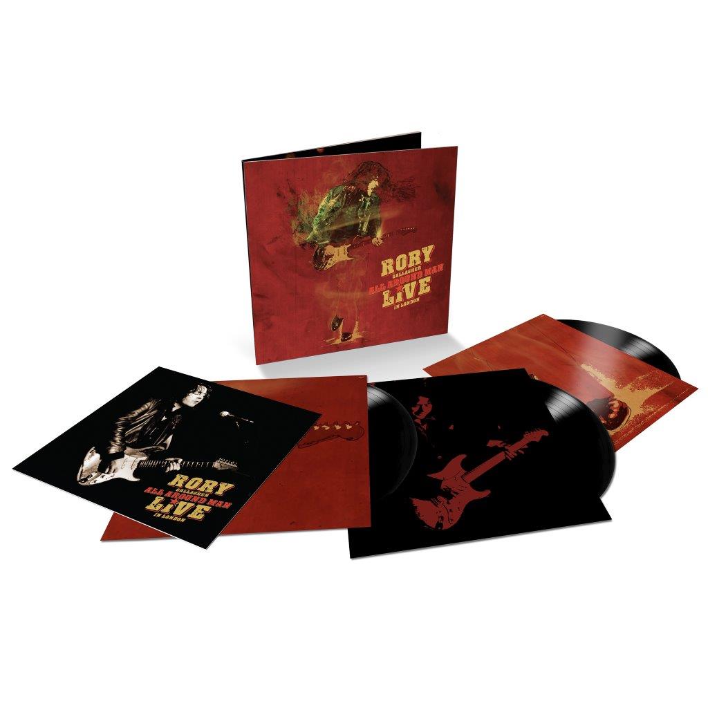 "Rory Gallagher vinyl record set with red and black album covers and three records."