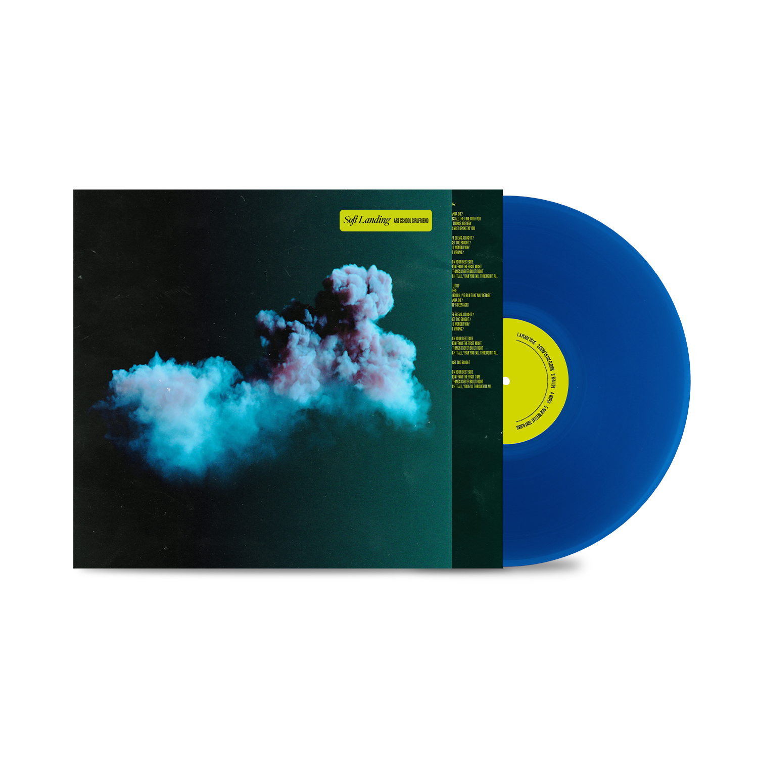 "Blue vinyl record with album cover featuring a cloud image against a dark background."