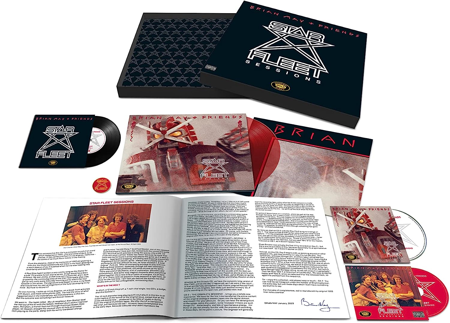 "Brian May Star Fleet Project box set with CDs, vinyl records, and booklet."