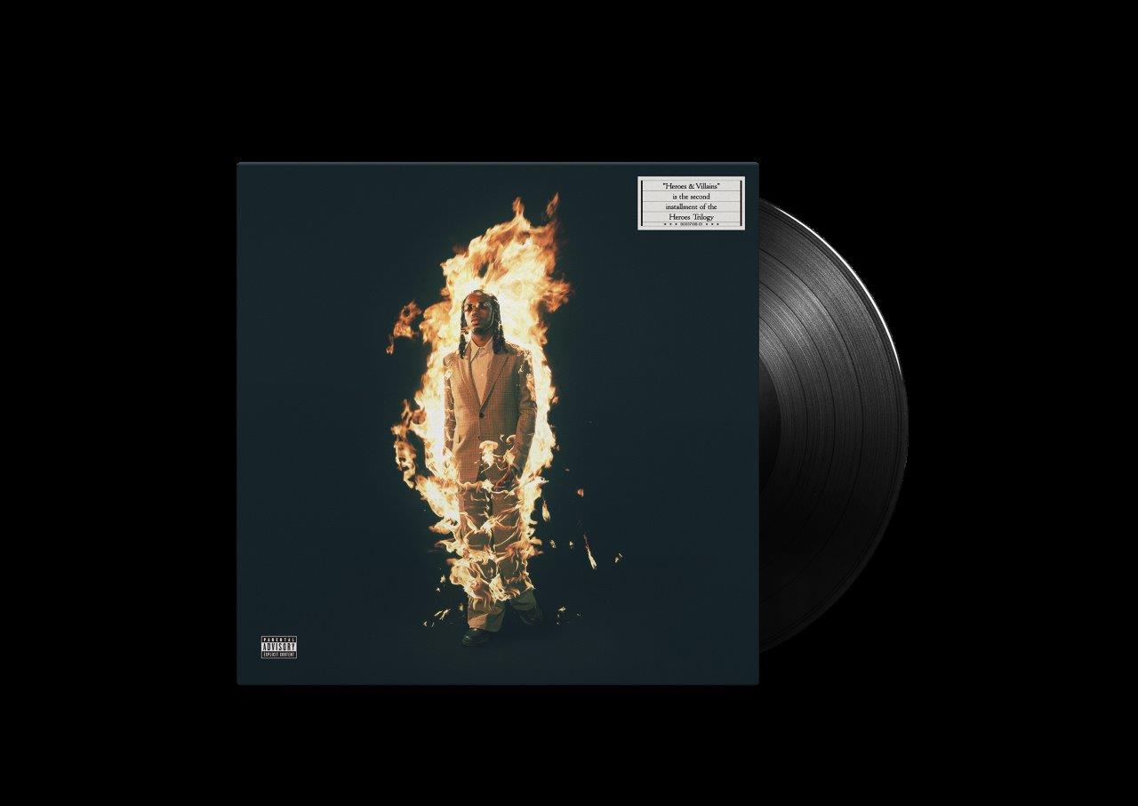 The alt text for the image is: "Vinyl record album cover with a man surrounded by flames."