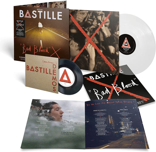 "Bastille Bad Blood X vinyl record set with white and black records and album artwork."