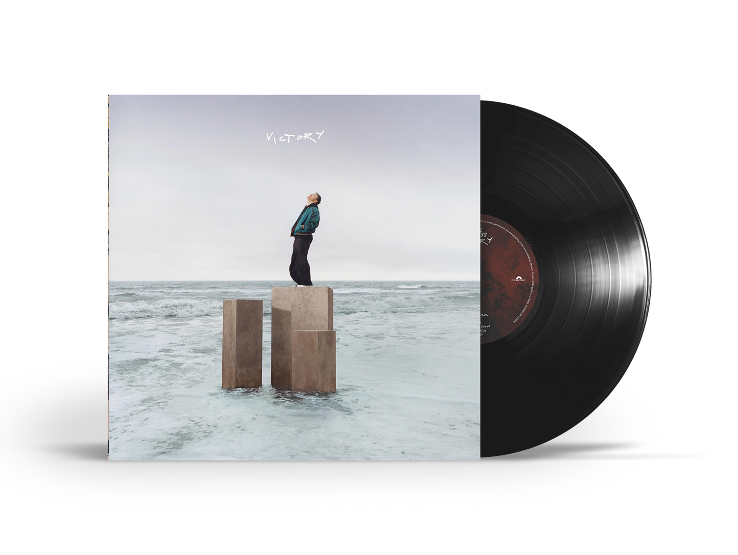 "Black vinyl record with cover art featuring a man standing on concrete pillars."