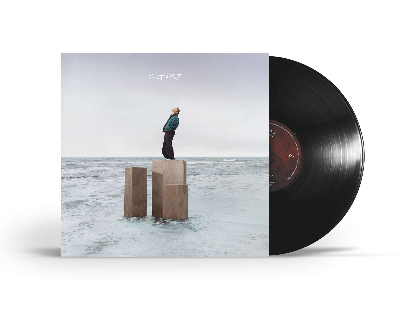 "Black vinyl record with cover art featuring a man standing on concrete pillars."