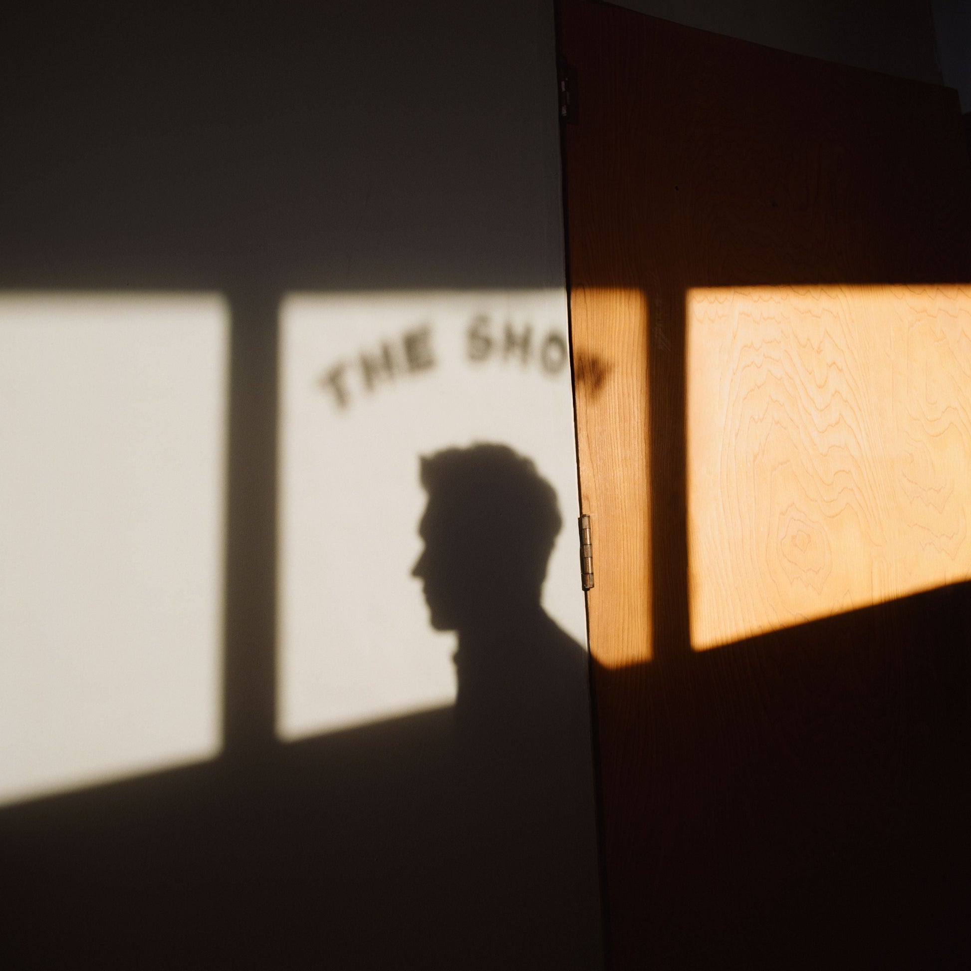 "Shadow of a man on a door, with 'THE SHOW' album cover projection."