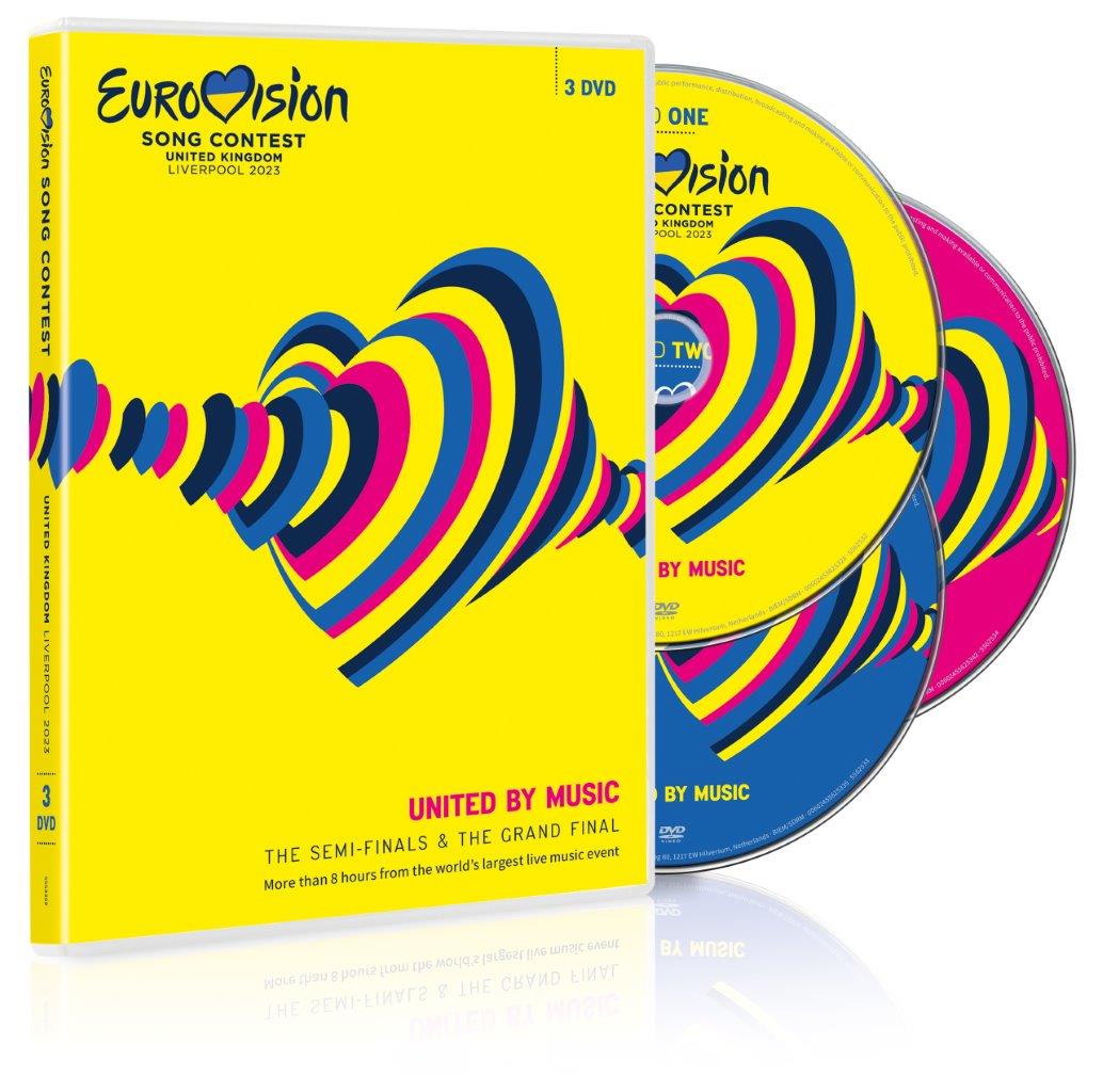 "Yellow DVD case with swirling blue and pink design, containing three DVDs."