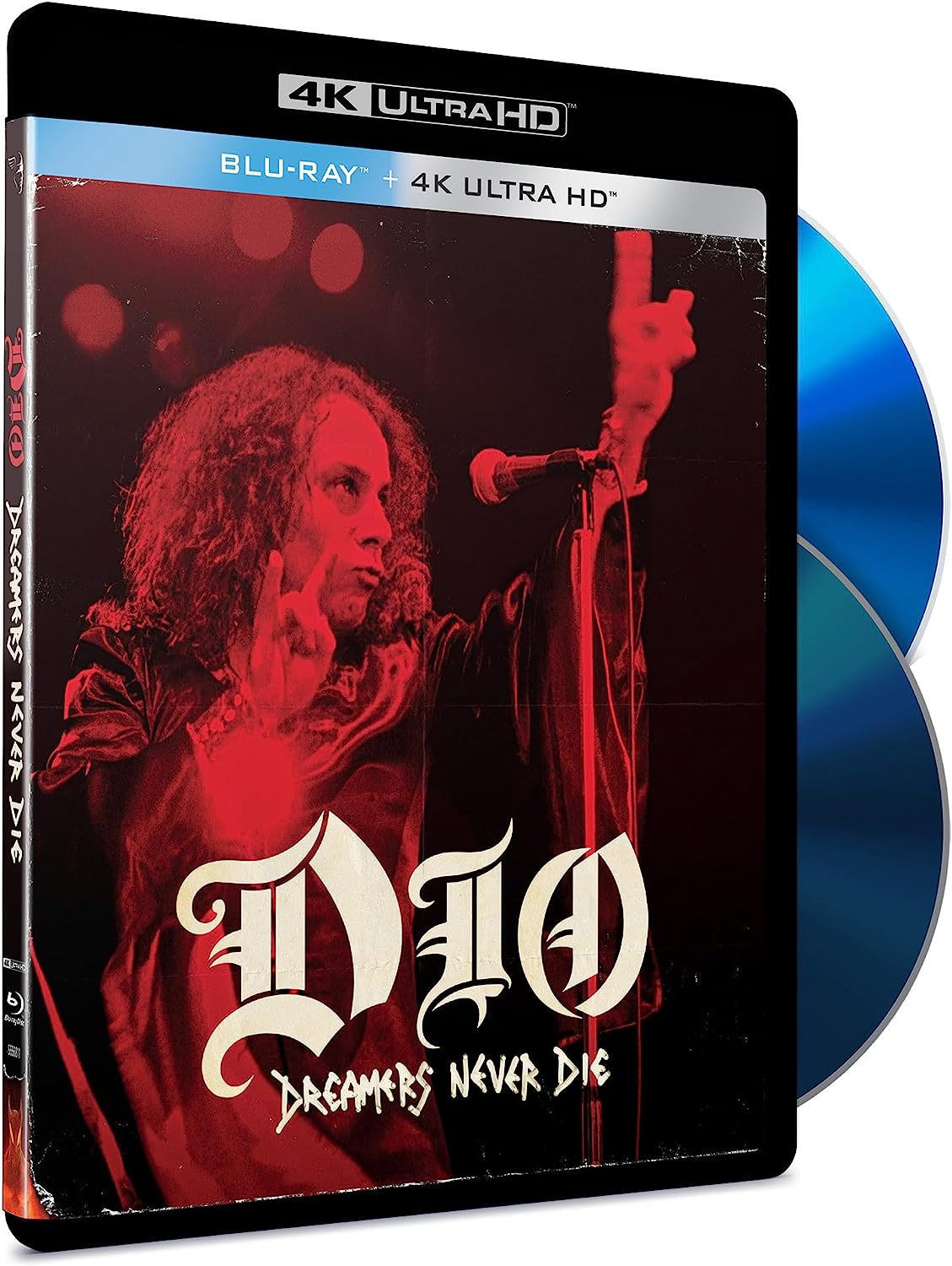 "Dio - Dreamers Never Die" 4K+Blu-Ray case with a red-toned image of a singer.