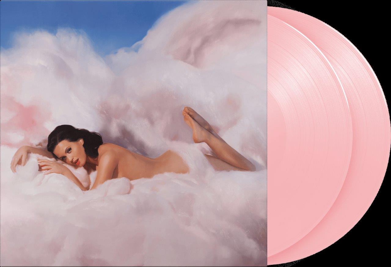 Katy Perry lying on a cloud, next to two pink vinyl records.