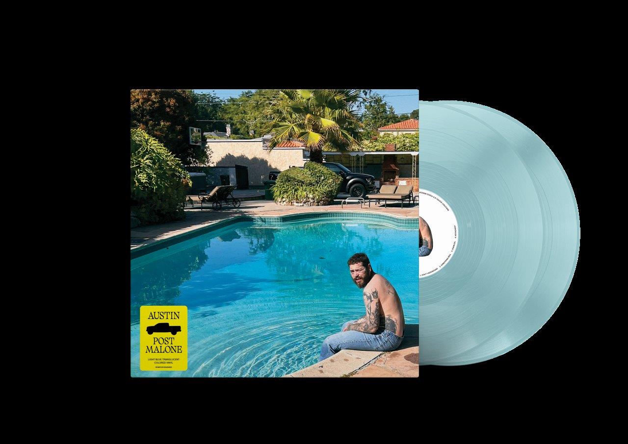 The image shows a vinyl record and its cover. Alt text: Light blue vinyl record with album cover featuring a man by a pool.