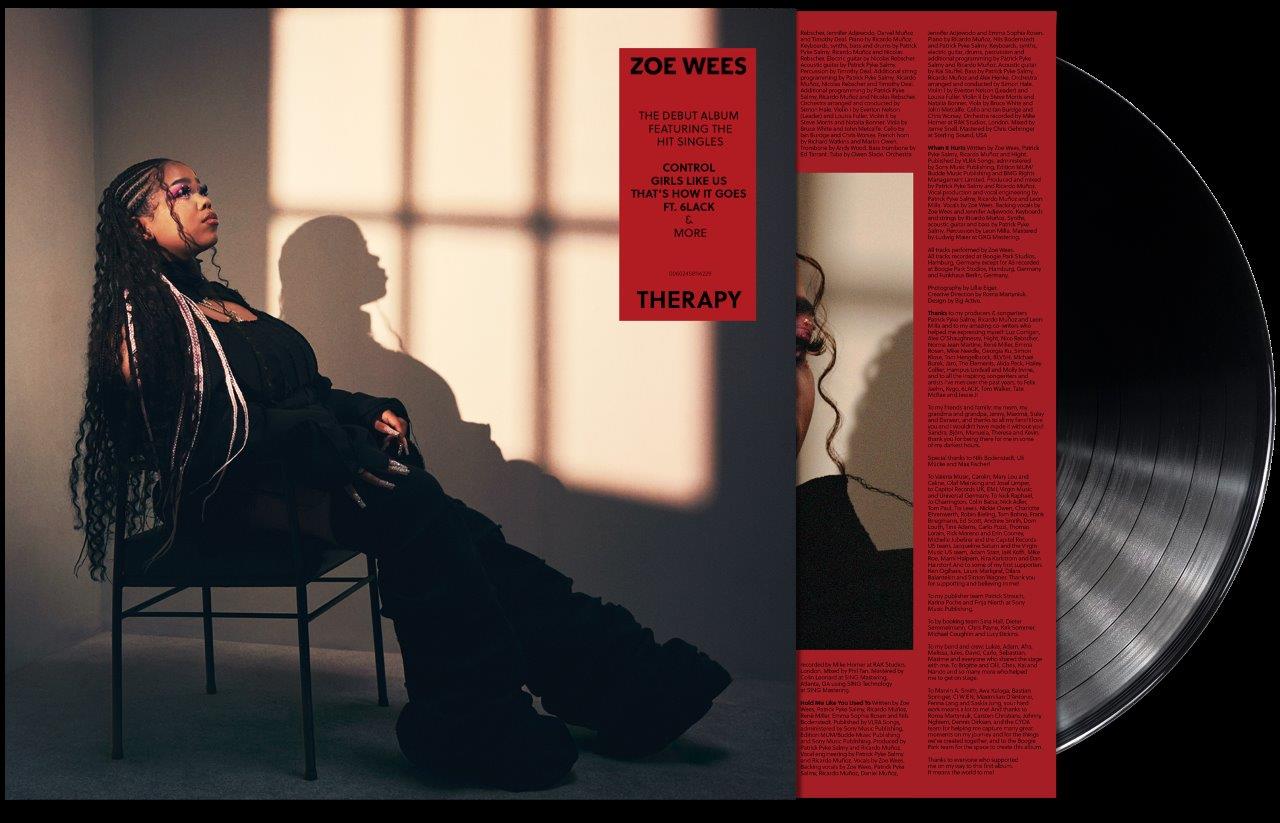"Vinyl record sleeve with red insert and black vinyl, featuring Zoe Wees."