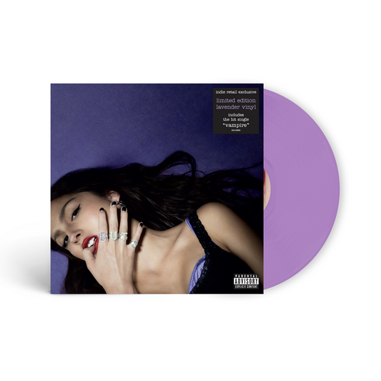 Olivia Rodrigo’s “GUTS” album cover on purple vinyl record.