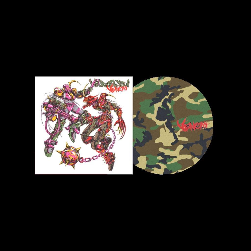 Camo vinyl record with red text and album cover featuring robotic characters.