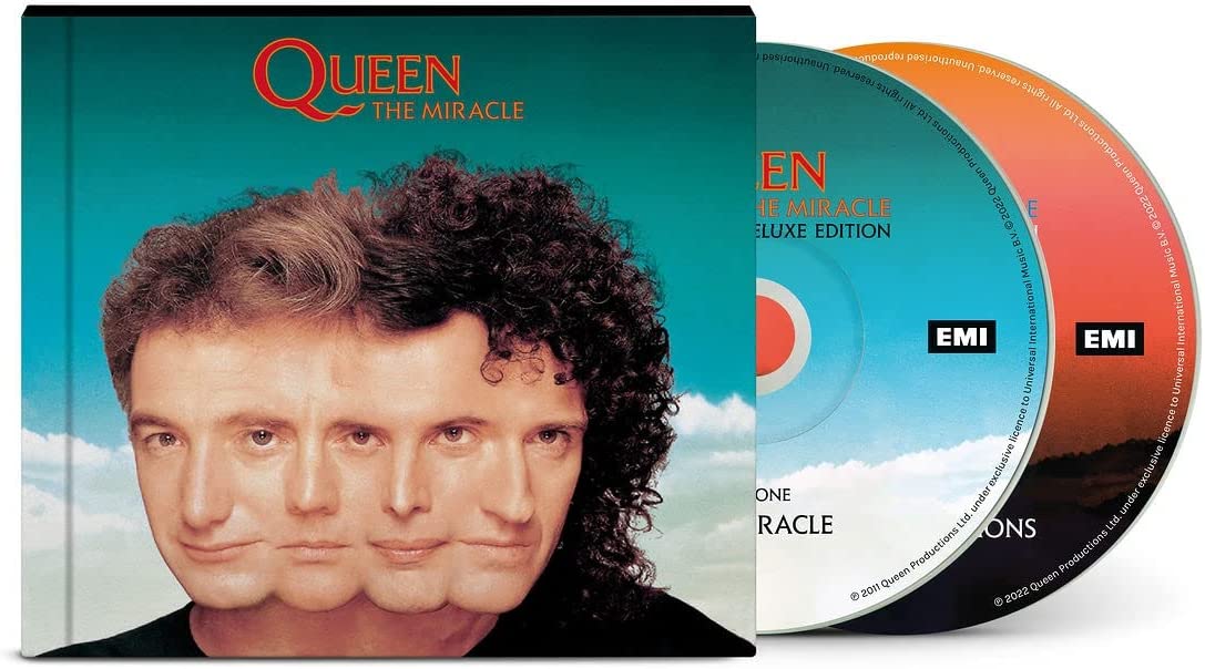 "Queen - The Miracle Deluxe Edition CD case and two discs, blue to orange gradient."