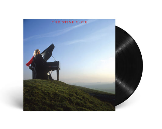 "Vinyl record sleeve featuring Christine McVie standing at a grand piano outdoors."