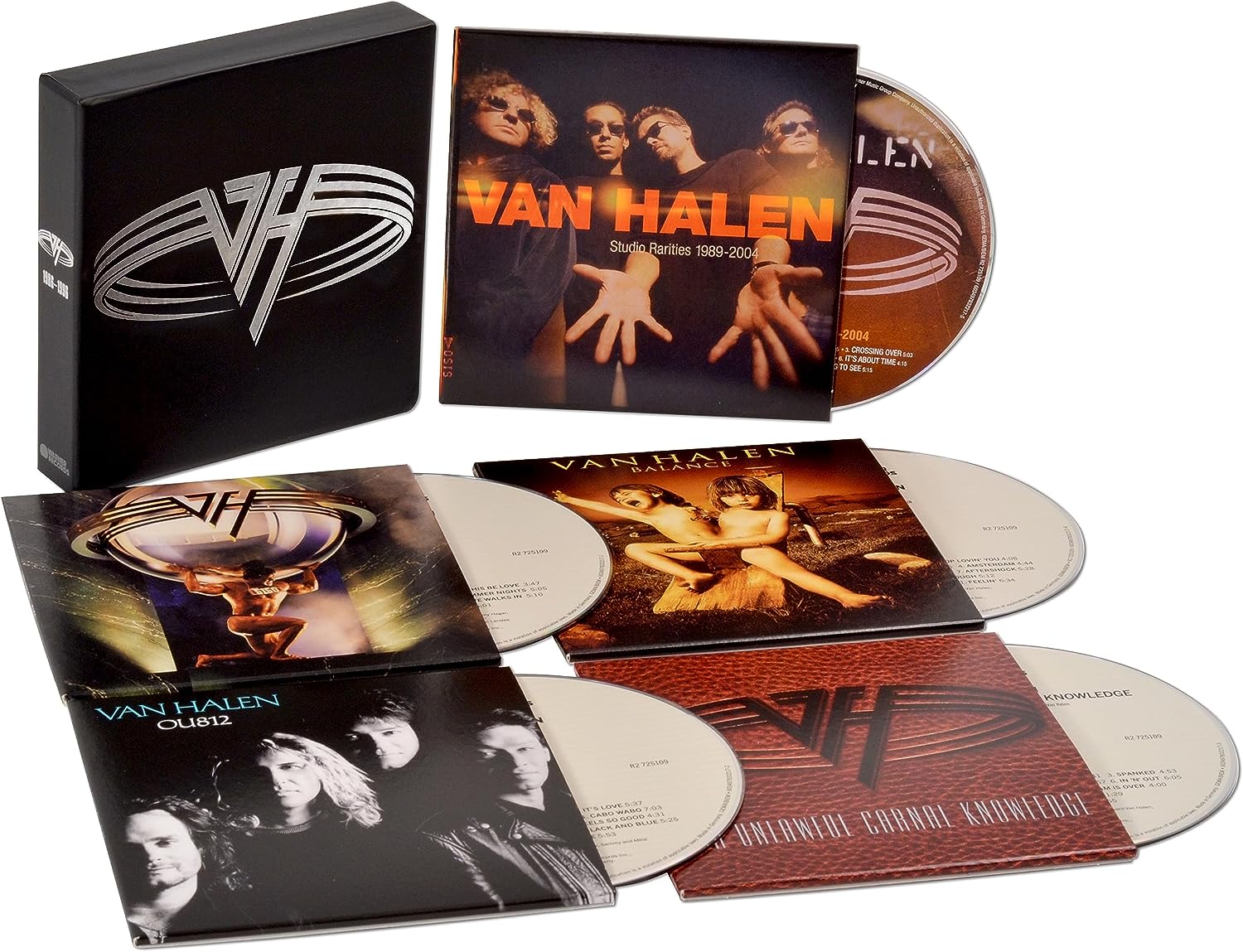 "Van Halen CD box set with 5 discs and artwork on a white background."