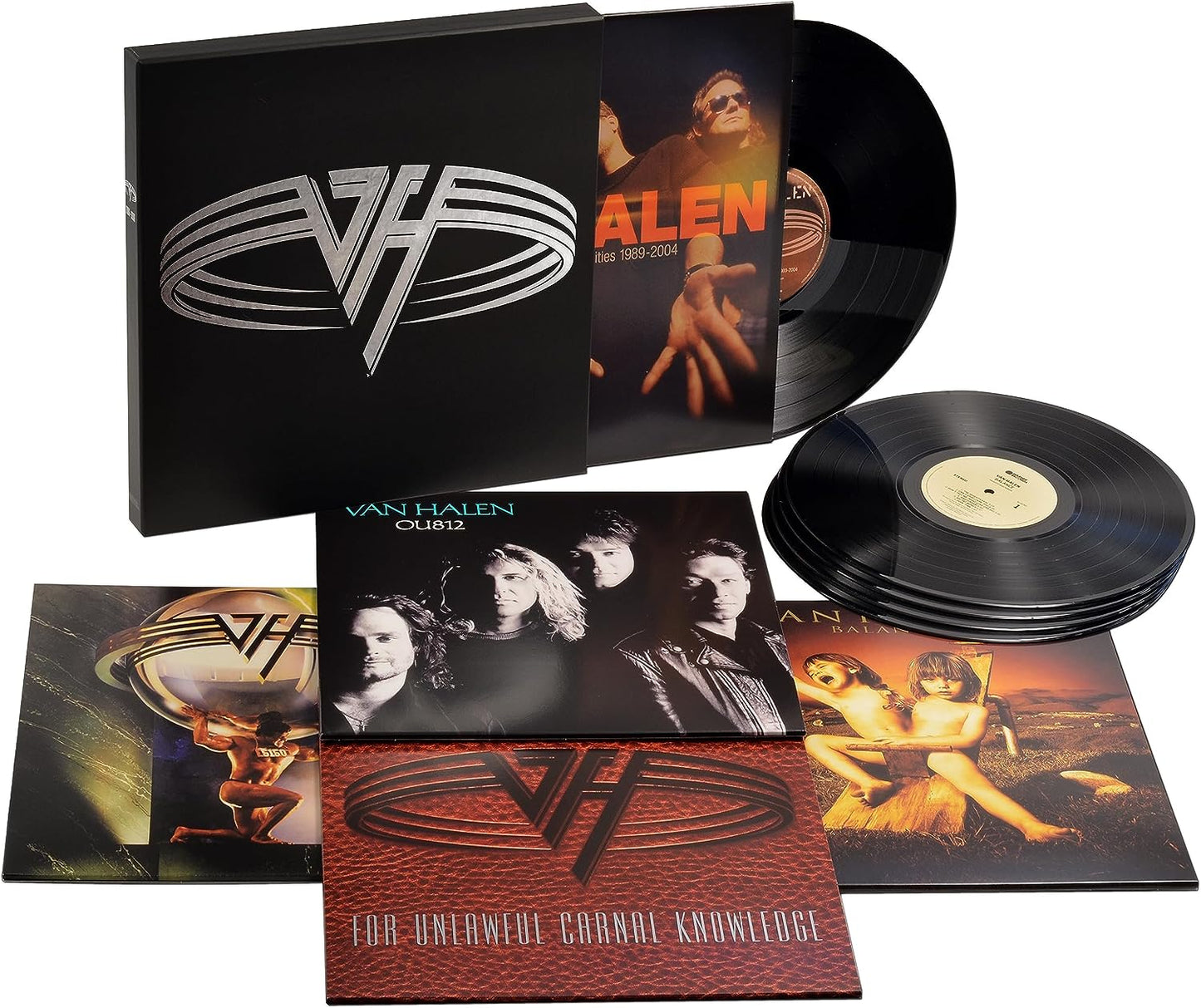 "Van Halen vinyl box set with five records and various album covers displayed."