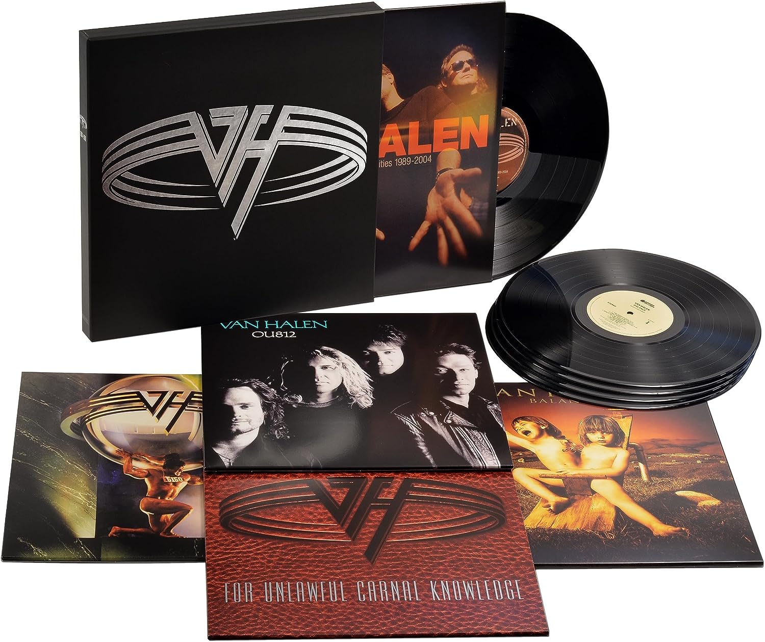 "Van Halen vinyl box set with five records and various album covers displayed."