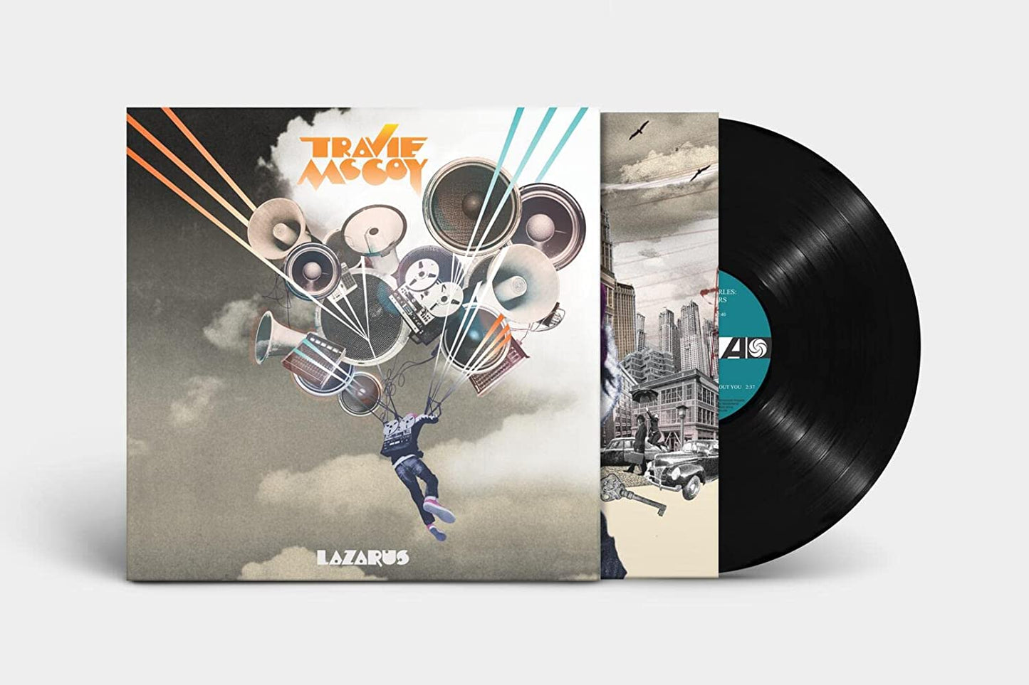 "Vinyl record with cover art featuring a person floating with speakers and vinyl records."