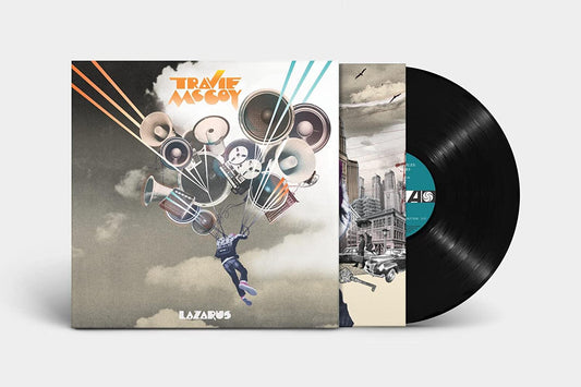 "Vinyl record with cover art featuring a person floating with speakers and vinyl records."
