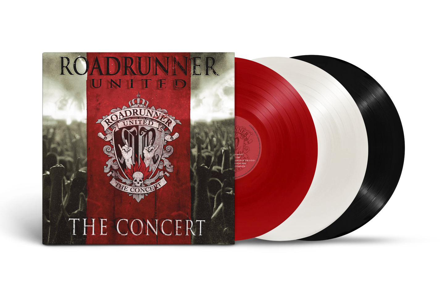 "Album cover with red, white, and black vinyl records partially visible beside it."