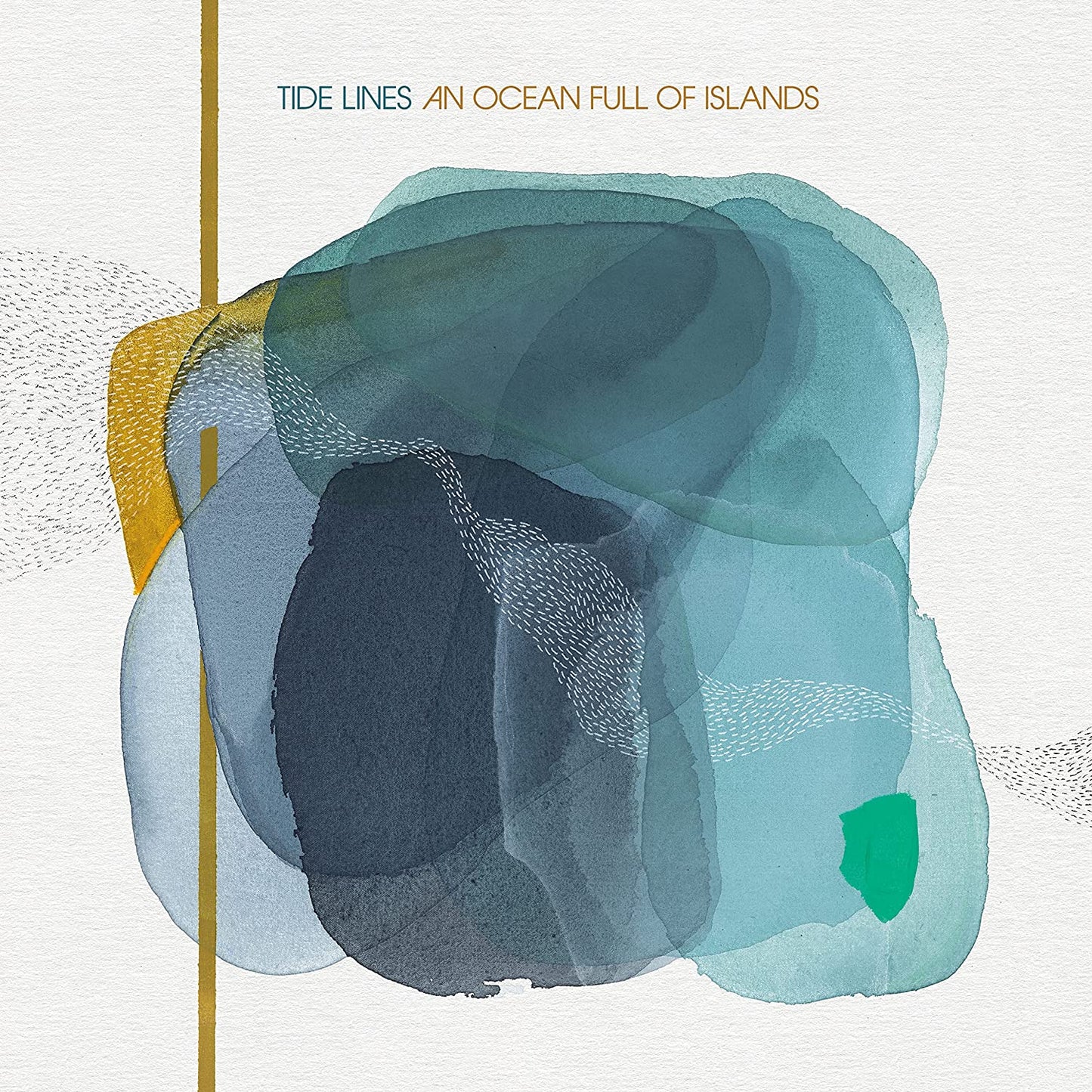 "Album cover with abstract blue and green watercolor shapes on a white background."