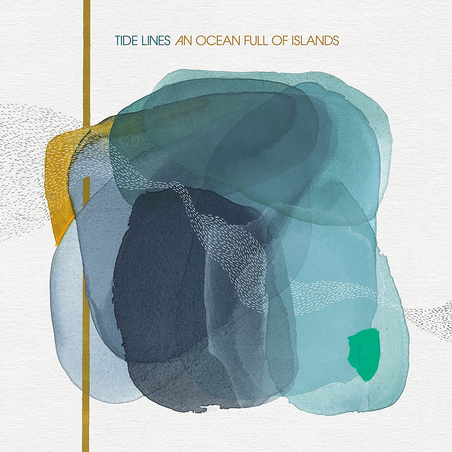 "Album cover with abstract blue and green watercolor shapes on a white background."