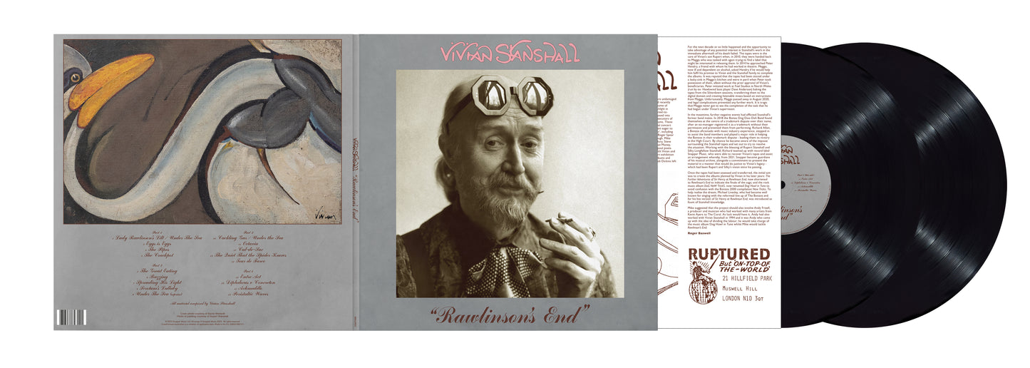 "Vinyl record with cover art featuring a man and a bird, and tracklist."