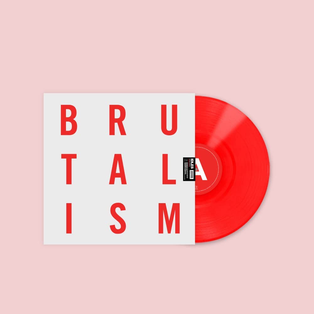 Red vinyl record partially exposed from a white sleeve with "BRUTALISM" text.