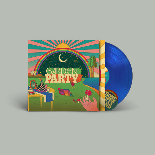 "Blue vinyl record with colorful 'Garden Party' album cover featuring whimsical illustrations."