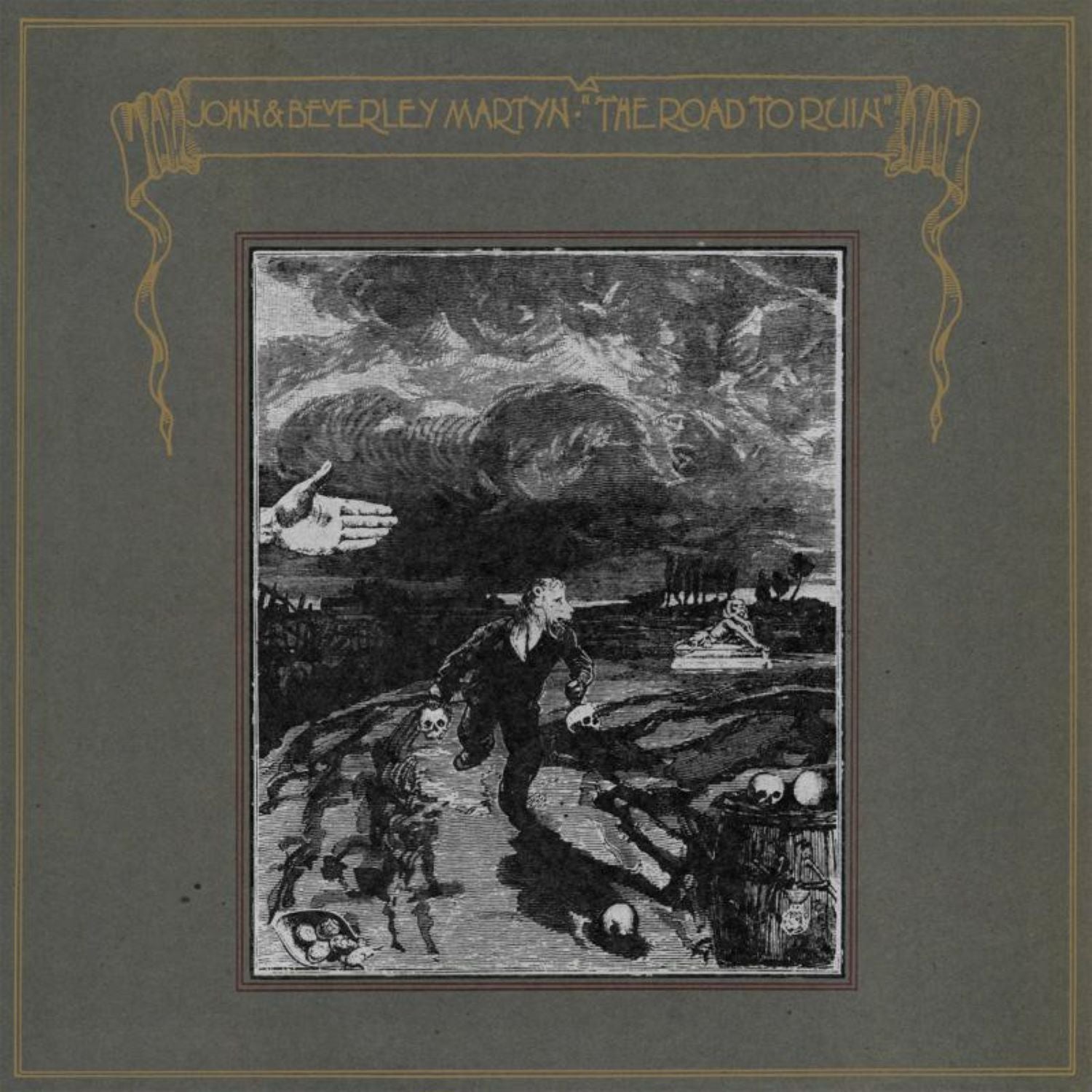 "Album cover with dark illustration of man carrying skulls, surrounded by death and chaos."
