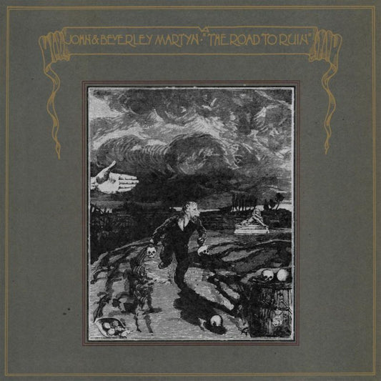 "Album cover with dark illustration of man carrying skulls, surrounded by death and chaos."