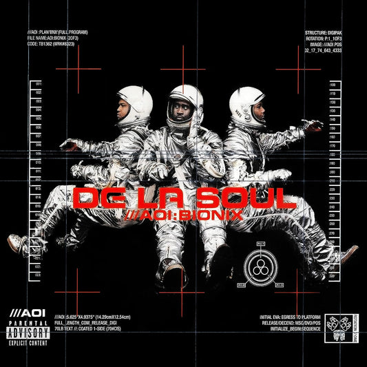 "Album cover with three astronauts and red text 'De La Soul' and 'AOI:Bionix' on a black background."