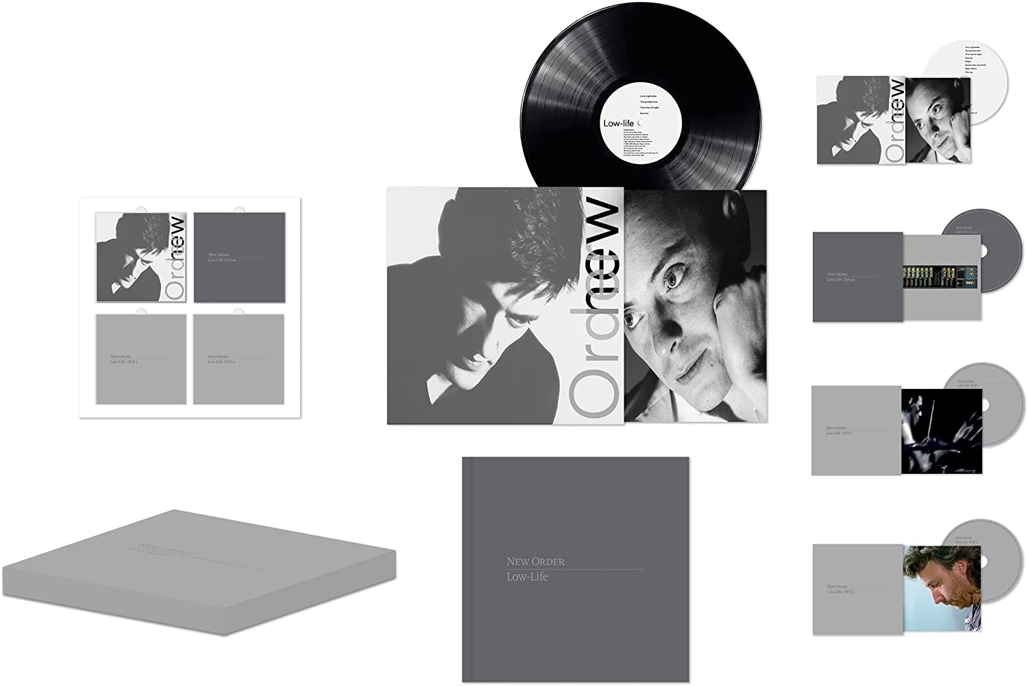 "New Order Low-Life boxset with vinyl, CDs, and book on a white background."