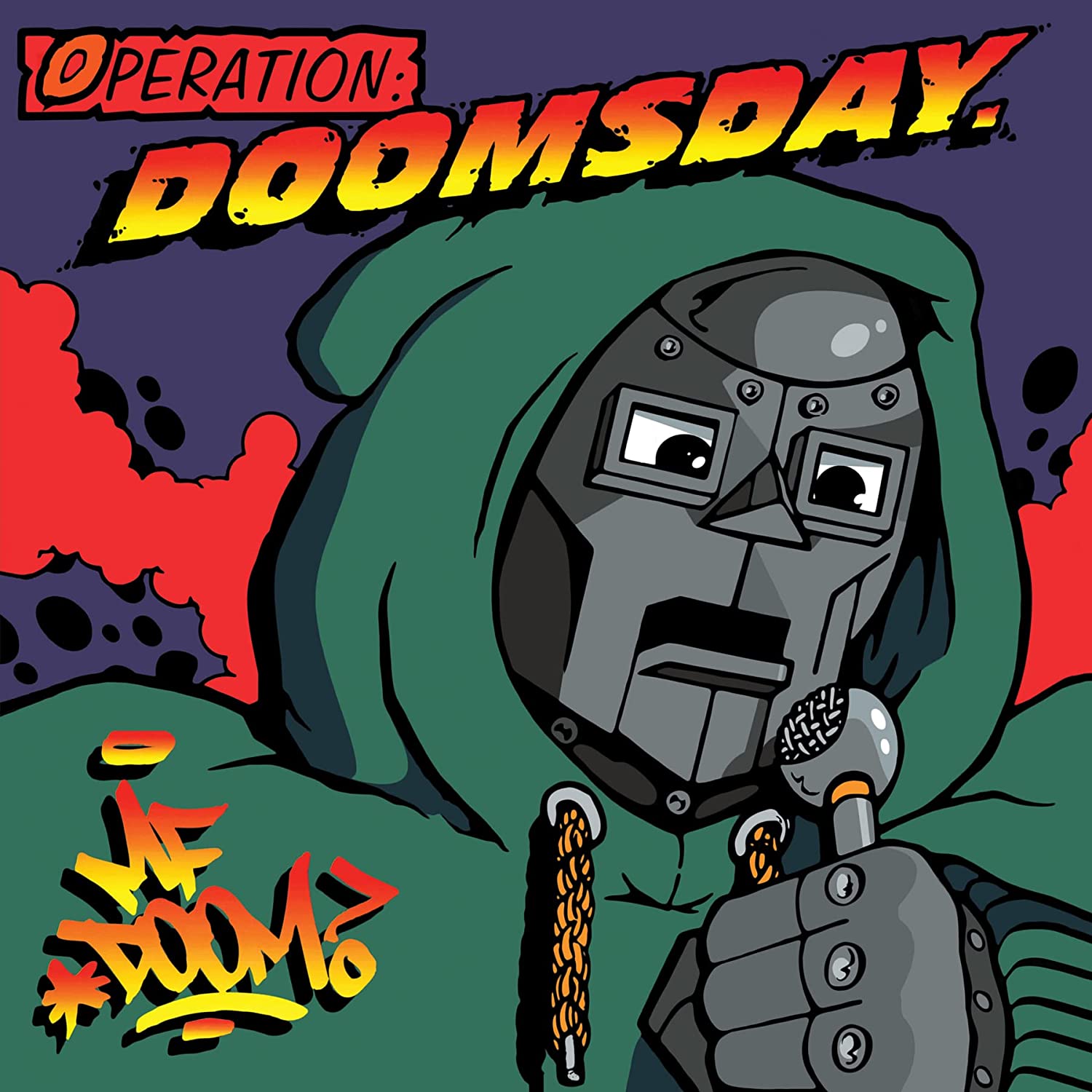 "Album cover featuring cartoon character in a mask and hood, holding a microphone."