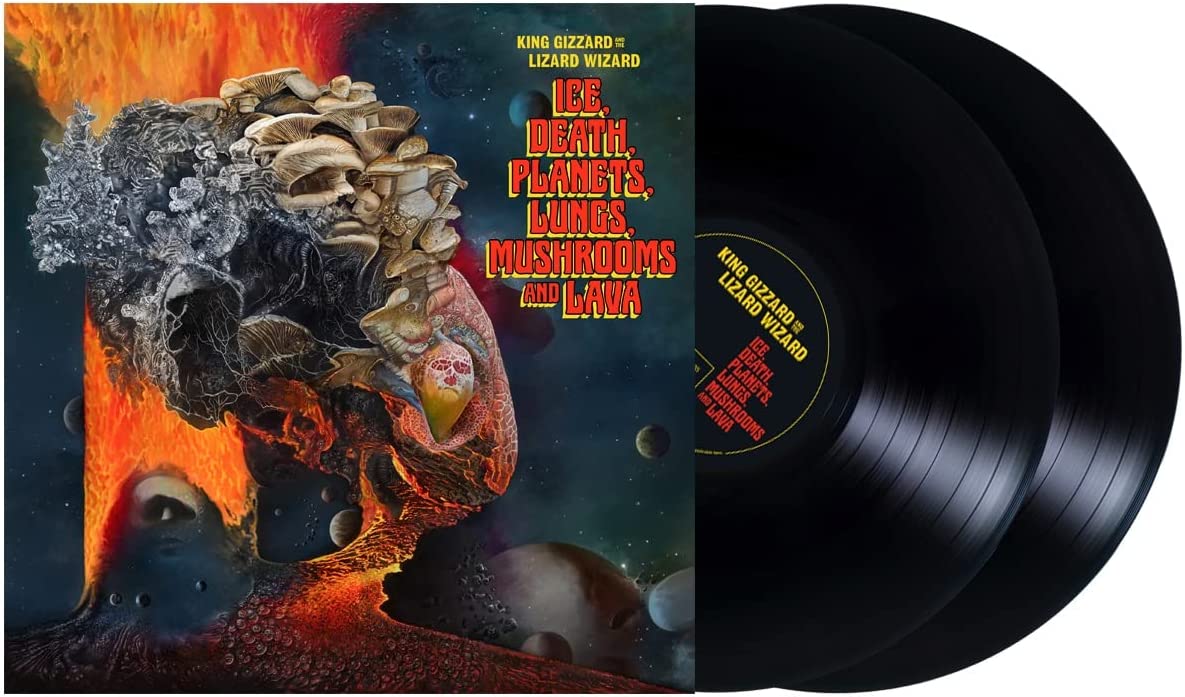 "Vinyl record with a surreal album cover featuring mushrooms, skull, and flames."