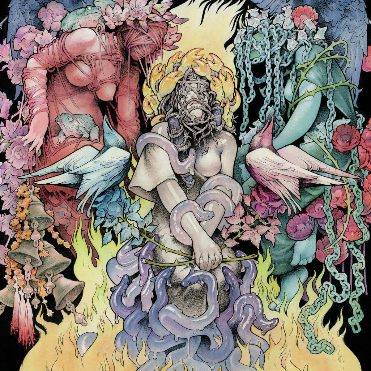 "Album cover art featuring surreal illustration of bound figures surrounded by animals and flowers."