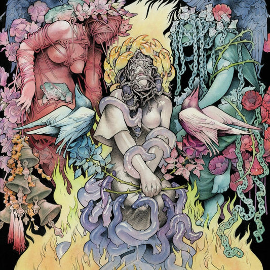 "Album cover art featuring surreal illustration of bound figures surrounded by animals and flowers."