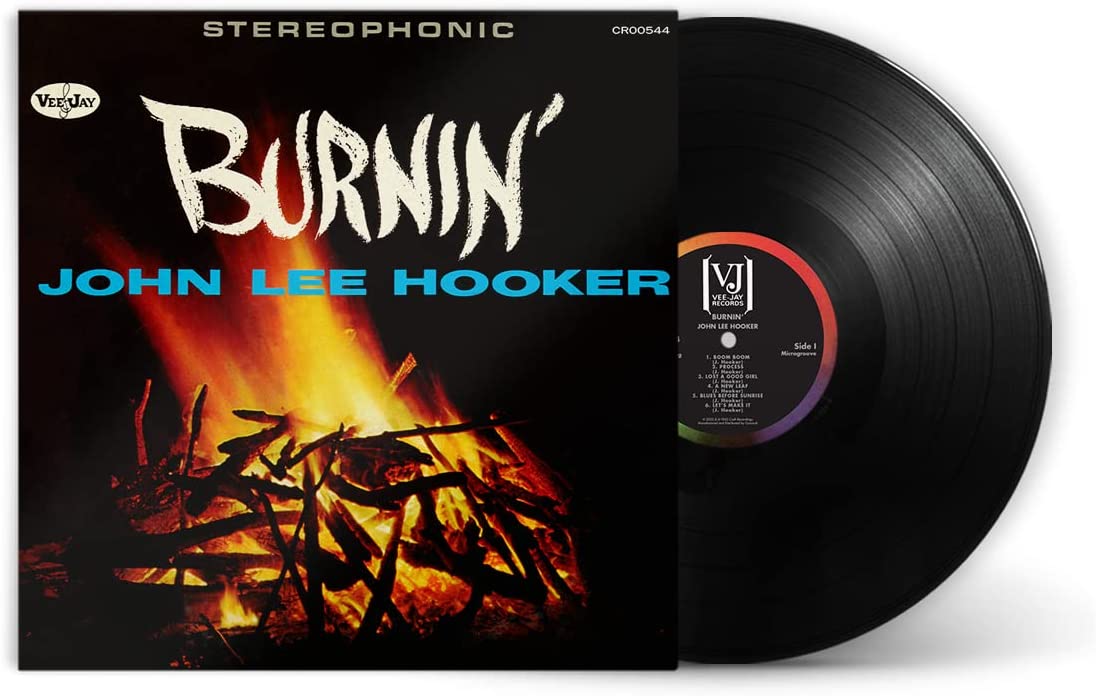 Vinyl record and cover art featuring a campfire with "BURNIN'" and "JOHN LEE HOOKER" text.
