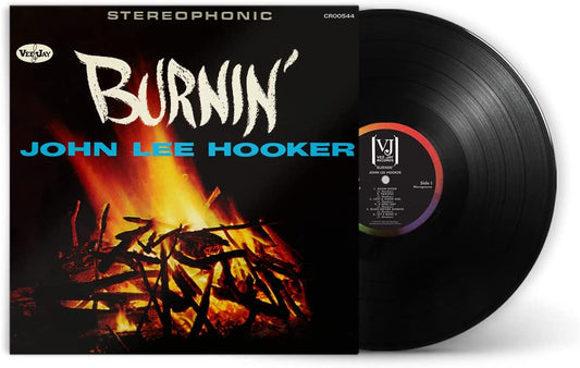 Vinyl record and cover art featuring a campfire with "BURNIN'" and "JOHN LEE HOOKER" text.