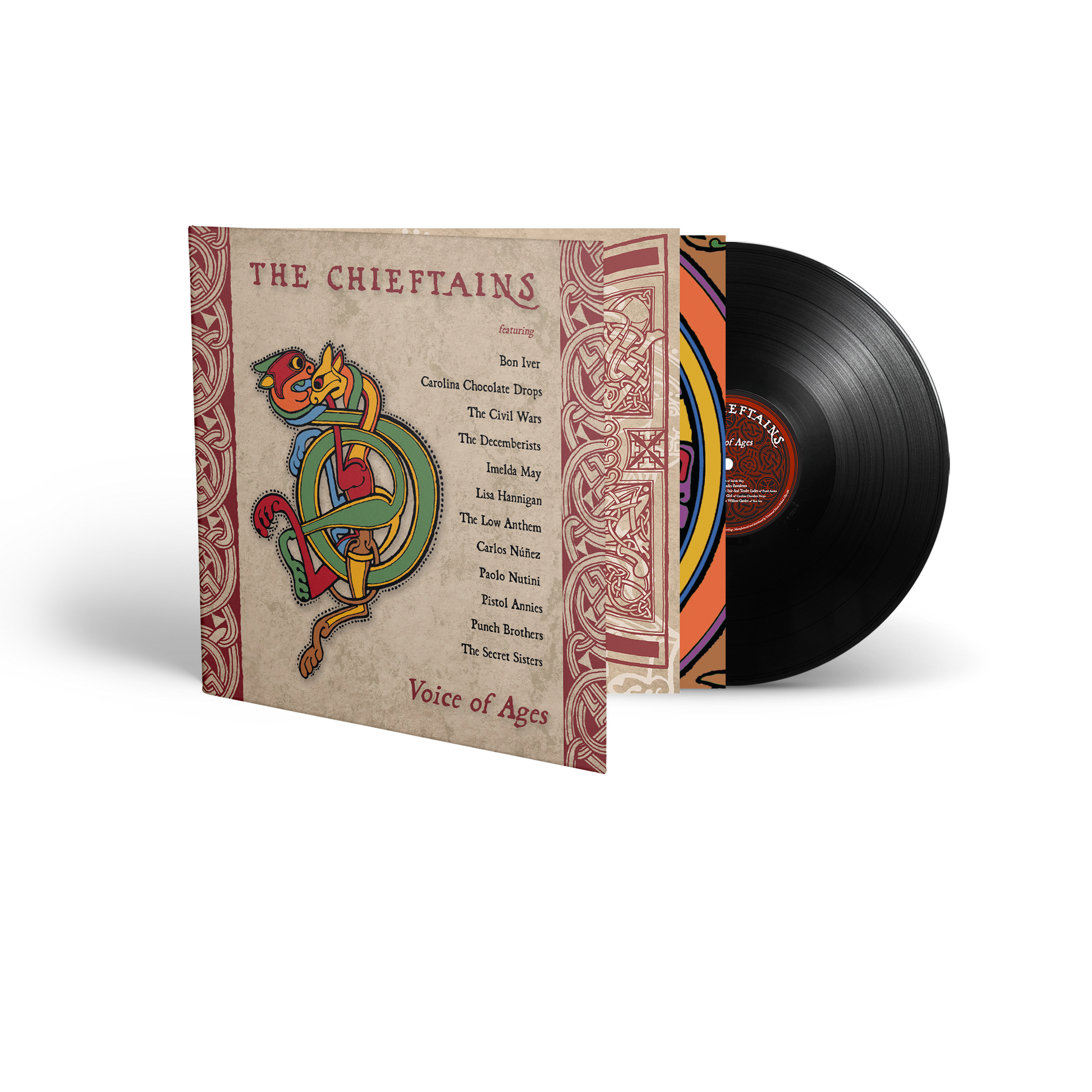 "Vinyl record sleeve with Celtic design and black vinyl partially visible behind."