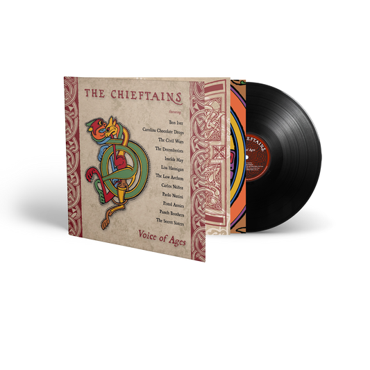 "Vinyl record sleeve with Celtic design and black vinyl partially visible behind."