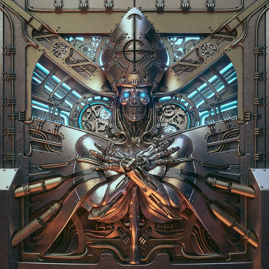 "Album cover art featuring a robotic figure with glowing blue eyes and metal armor."