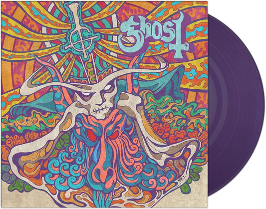 "Purple vinyl record with colorful album cover featuring a skull and cross design."