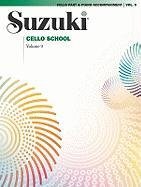 "Suzuki Cello School, Vol 9 cover with white background, colorful spiral designs, and black text."